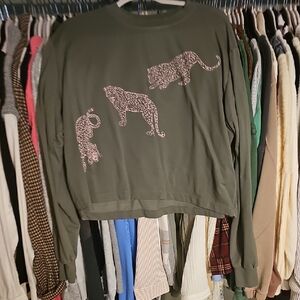 Project Social T Olive Green Sweatshirt with Pink Leopard Print